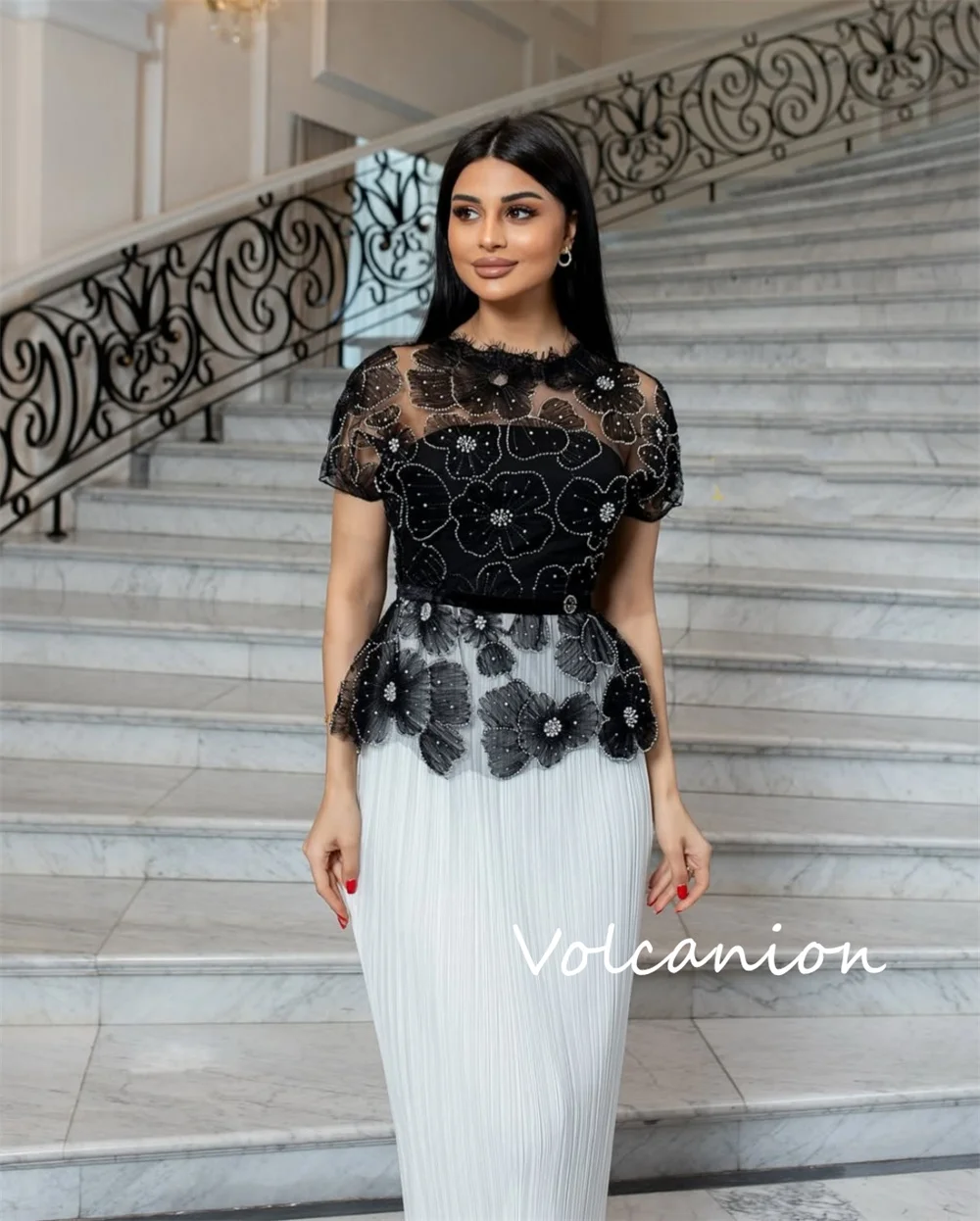 Customized Casual Chiffon Pleat Applique Straight O-Neck Midi Dresses Bespoke Occasion Fashion Chinese Style