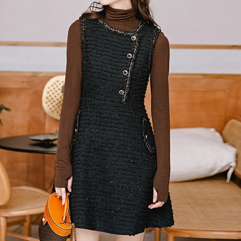 

French Tweed Sleeveless Basic Black Dress Women Autumn Winter New Korea Fashion O Neck Elegant Vest Mini Female Dresses 1529