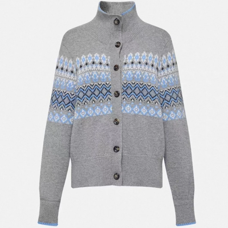 Maxdutti Southern French Minimalist Ethnic Jacquard Stand Up Collar Knitted Cardigan Retro Sweater Cardigan Jacket Woman Clothes