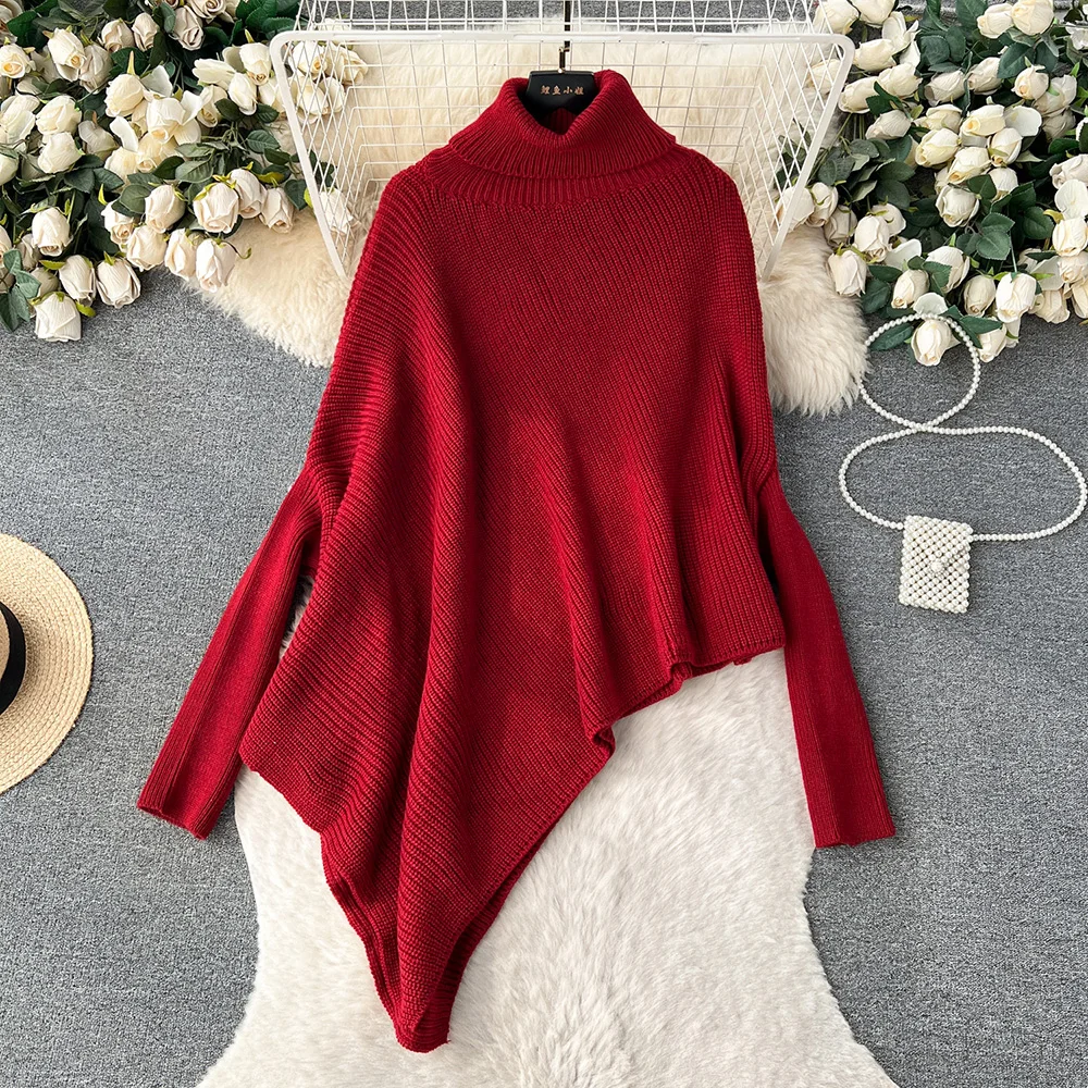 Croysier Women Sweaters Elegant Turtleneck Long Sleeve Knit Sweater Streetwear Fashion Asymmetric Hem Pullover Sweater Jumper