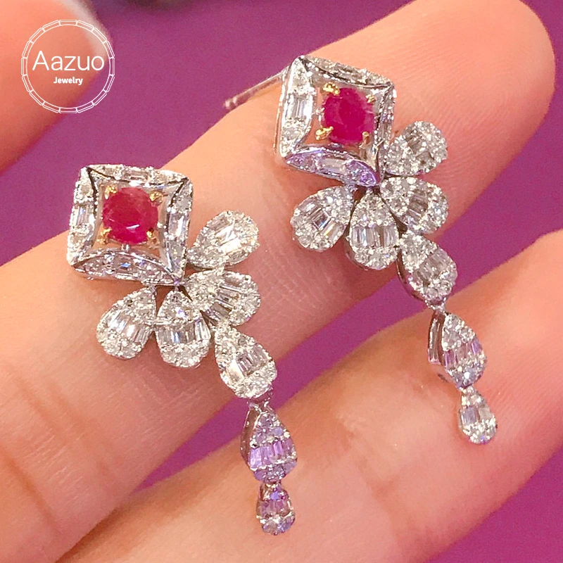 

Aazuo High Quality 18k Pure White Gold Natural Ruby Real Diamonds Luxury Drop Earrings Gifted For Women Engagement Wedding Party