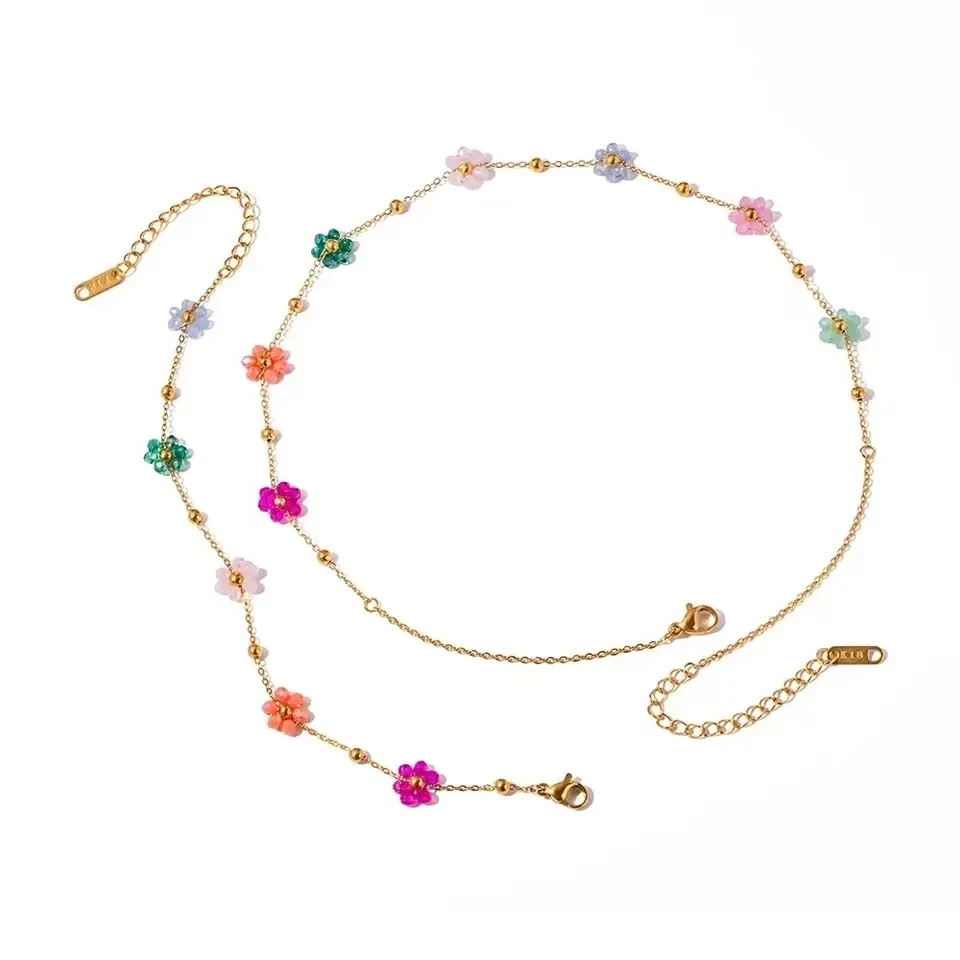 Colorful Flower Chain Stainless Steel Necklace Bracelet Set Plating Waterproof Jewelry For Ins Exquisite Jewelry