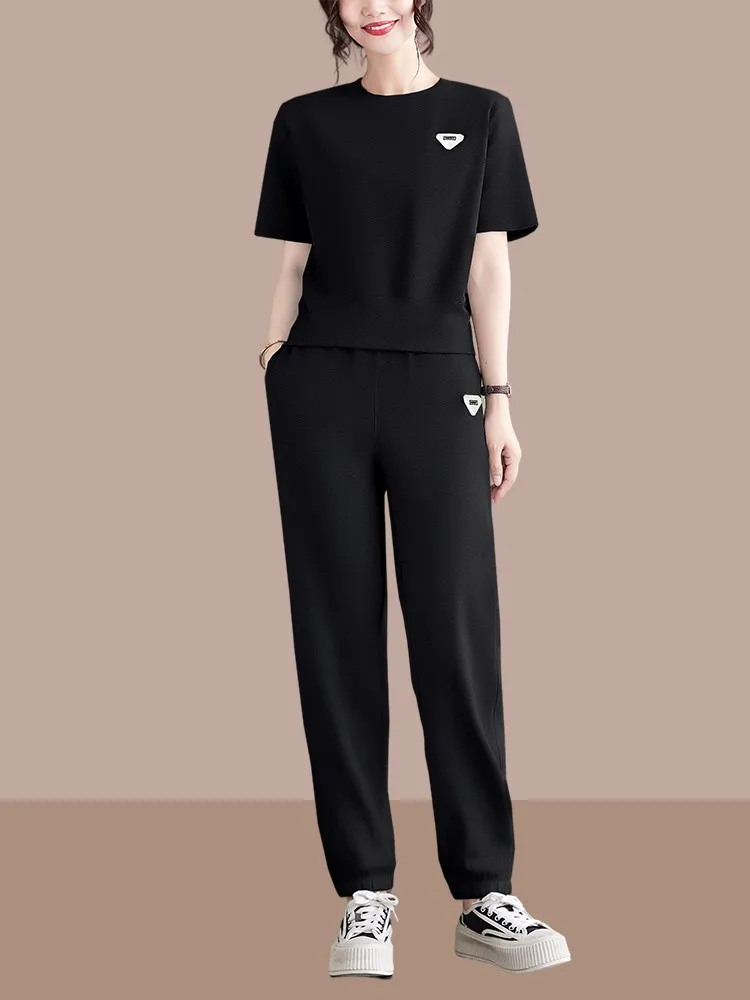 

Pure Cotton Sportswear Set Women Summer New Loose round Neck Short Sleeve Casual Running Suit Stylish Two Piece Set
