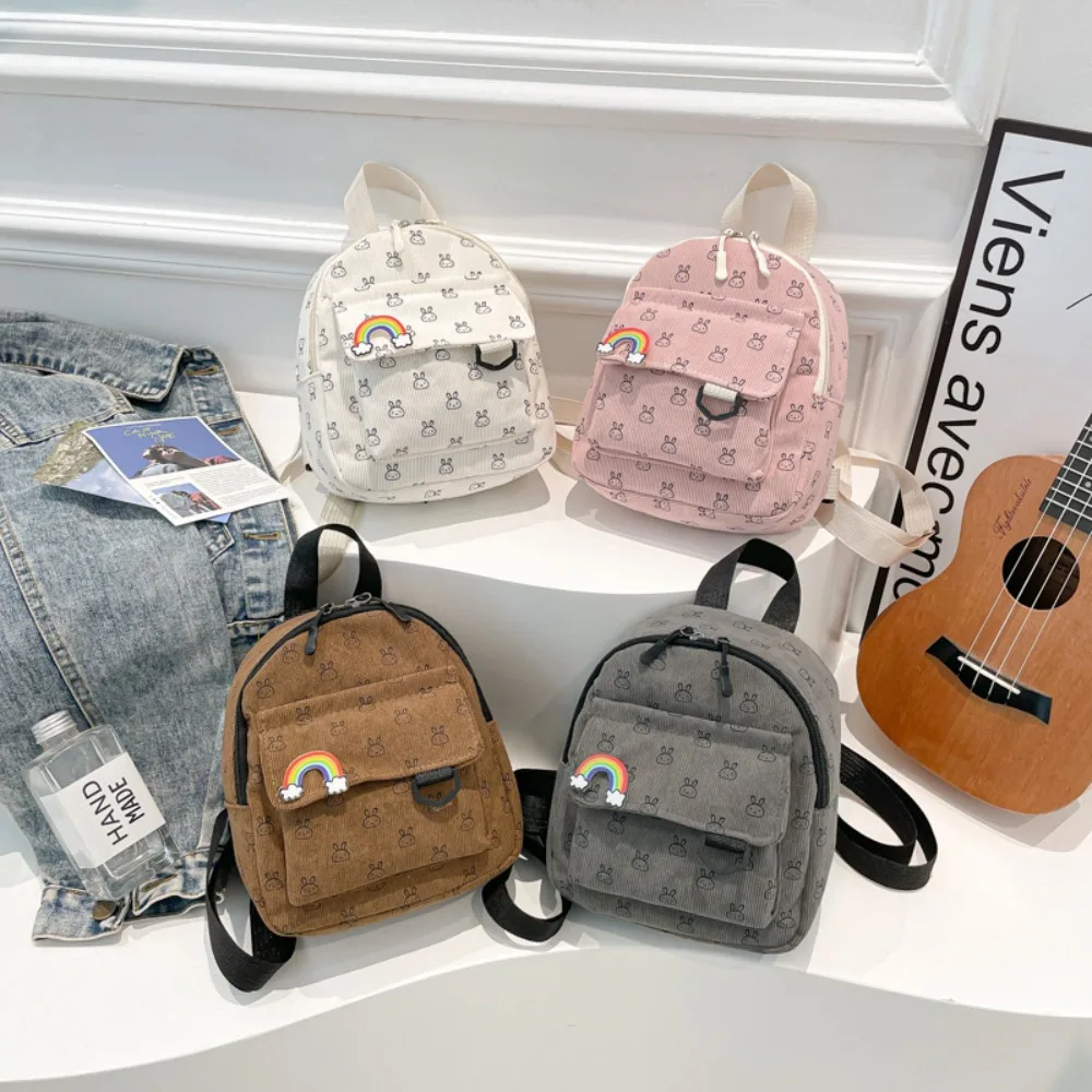 

Fashion Cartoon Printed Mini Backpack Adjustable Shoulder Strap Corduroy Small Schoolbag Zipper Women's Backpack Students