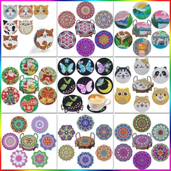 PhotoCustom 6pc/Sets Diamond Painting Coasters 5D DIY Round Diamond Mosaic Mandala Cup Coasters With Holder Kitchen Accessories