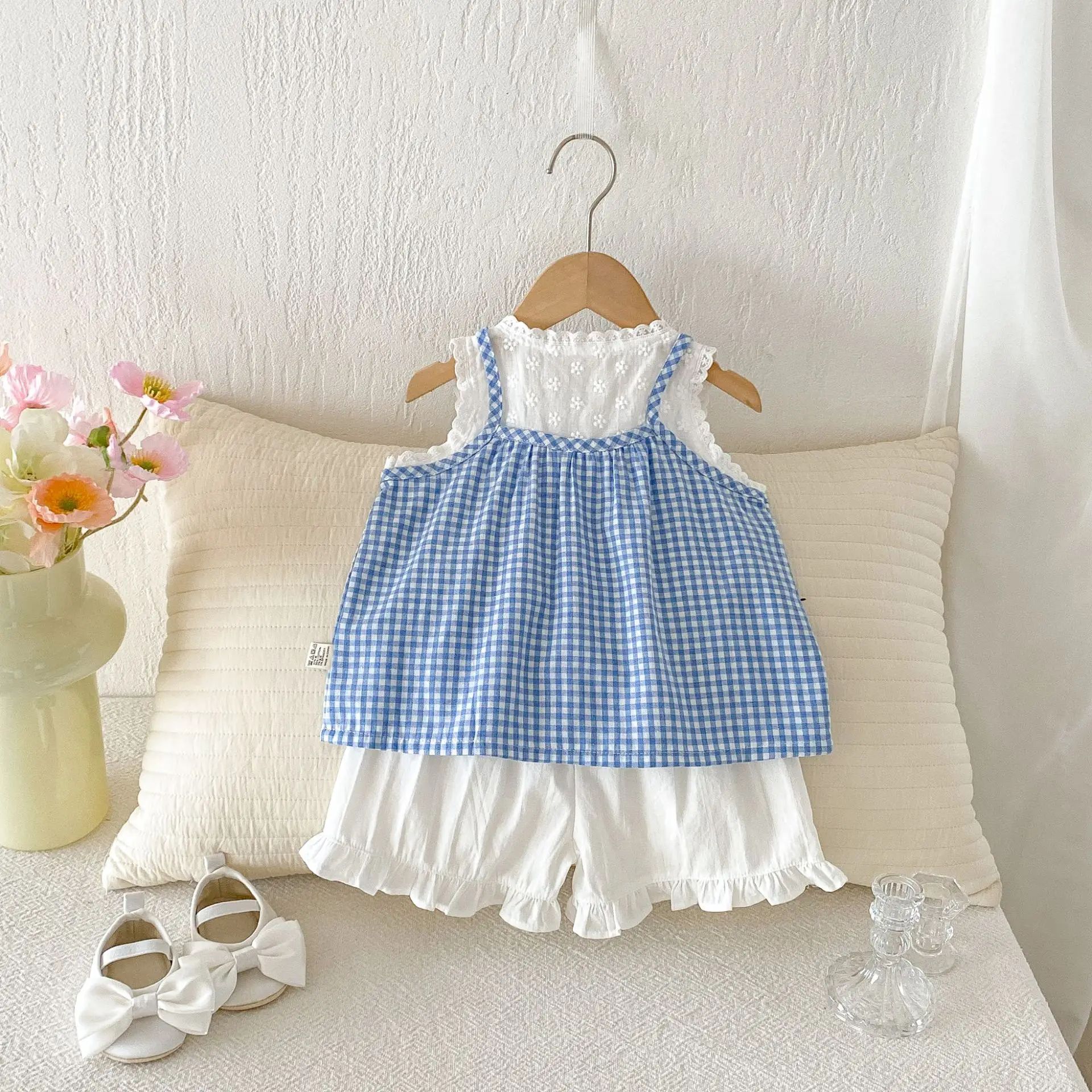 2026 Summer New Baby Girl Sleeveless Clothes Cute Girls Plaid Sling Vest + Shorts 2pcs Suit Thin Cotton Infant Outfits