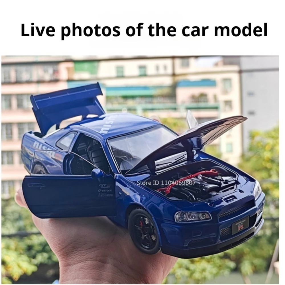 Escala 1:24 GTR coche modelo de juguete sonido luz tirar hacia atrás puertas abiertas absorción de impacto coches deportivos Metal modelos fundidos juguetes para niños