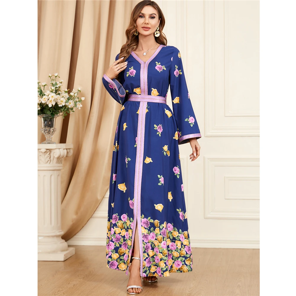 

Eid Floral Abaya for Women Belted Print Islamic Dresses Moroccan Kaftan Muslim Dubai Arabic Long Dress Gulf Jalabiya Party Robe