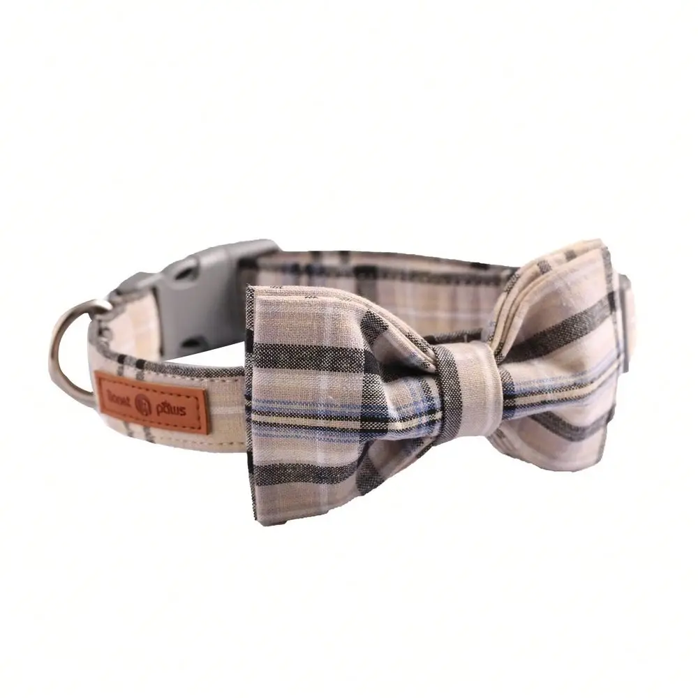 

Paws Grid Dog Collar With Detachable Bowtie Lightweight Adjustable Plastic Buckle Collar For Small, Medium Large Pets Grey Brow