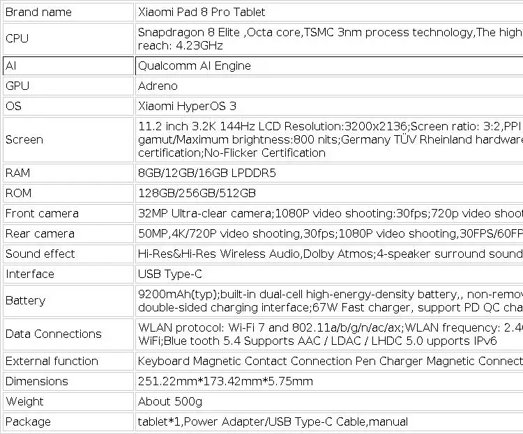 2025 Xiaomi Pad 8 Pro Tablet 11.2"144Hz 3.2K Snapdragon 8 Elite HyperOS 3 9200mAh 67W Fast Charge 50MP+32MP Tablet PC