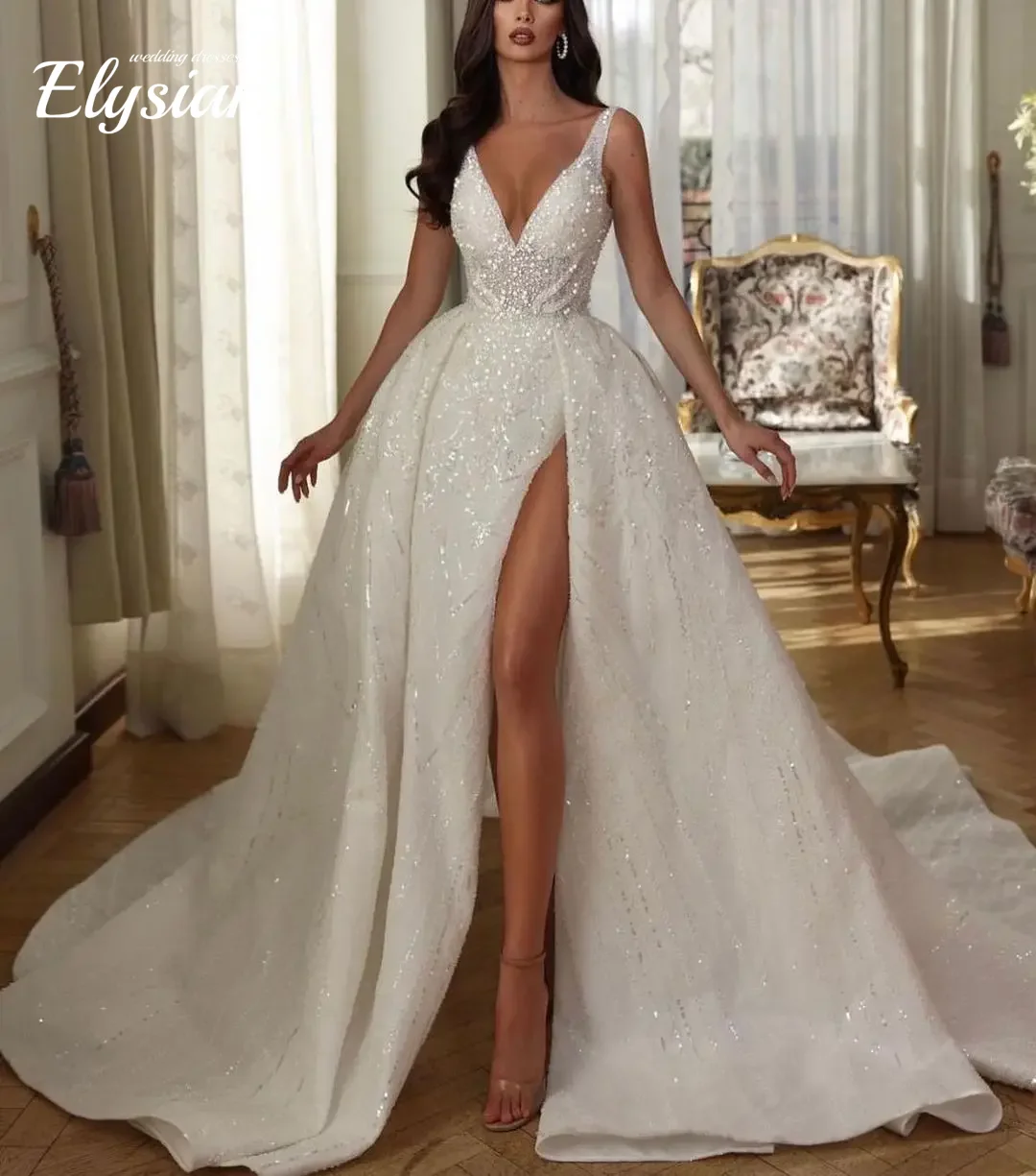 Customized Stylish Ball Gown Wedding Dresses Sleeveless V Neck Sequins Straps Appliques Lace Side Slit Pearls Bridal Gowns Dress
