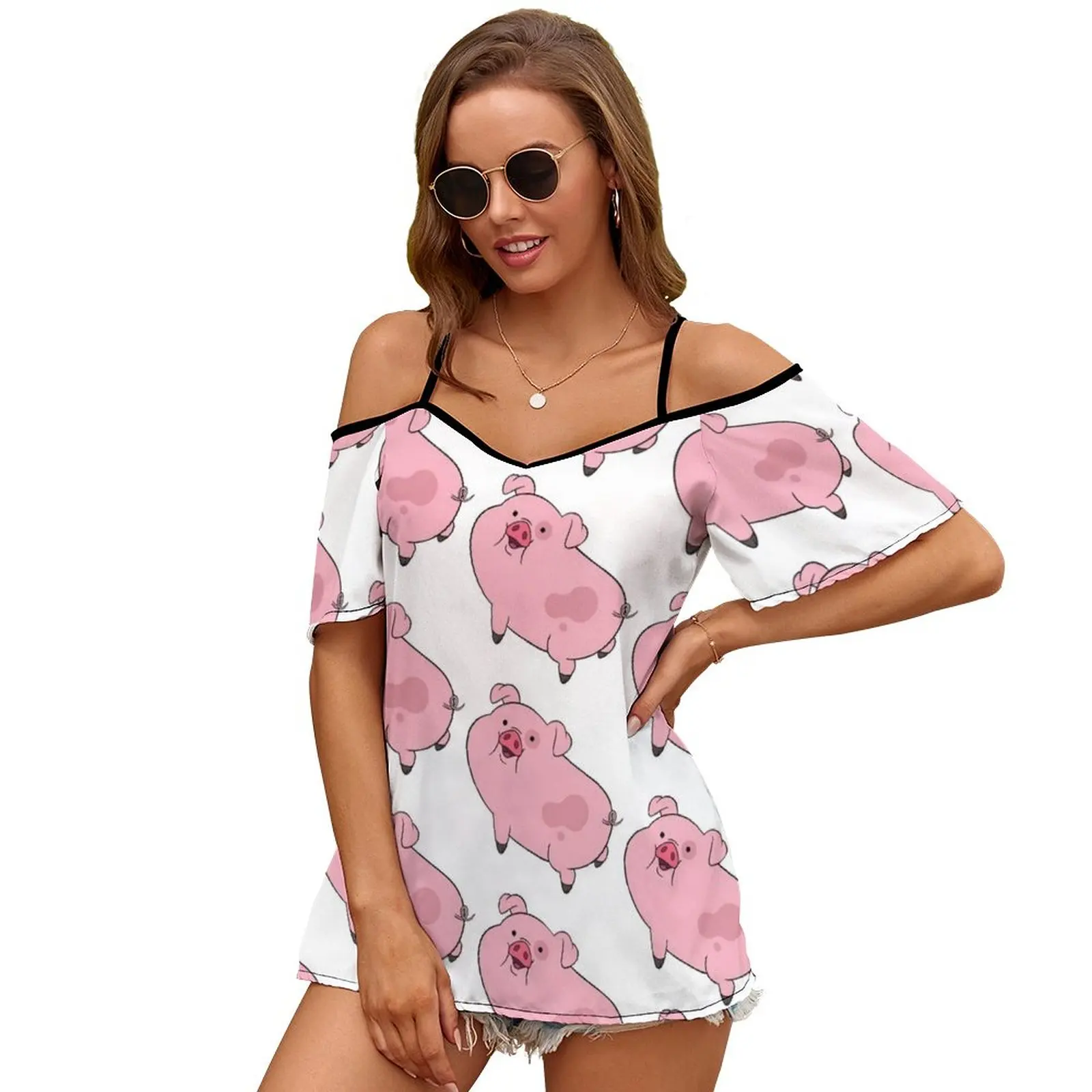 Waddles From Slit Sleeve Cold Shoulder Print Women T Shirt Casual Summer Tee Tshirt Loose Top The Walking Dead Cute Stylish