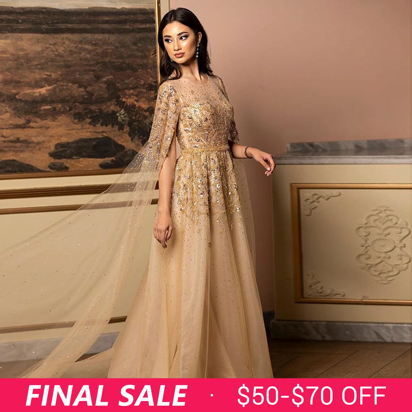 Sharon Said Luxury Gold Evening Dress with Cape Sleeve Dubai Crystal Silver  Formal Dresses Women Wedding Party SS268 Customized - AliExpress 320