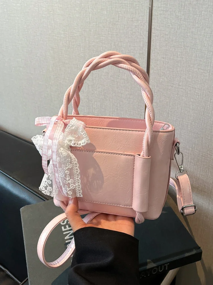 

Women Pink Handbags 2025 New Exquiste Fashion Lace Bow Shoulder Crossbody Bags Korean Style Cute Solid Color Bucket Pack