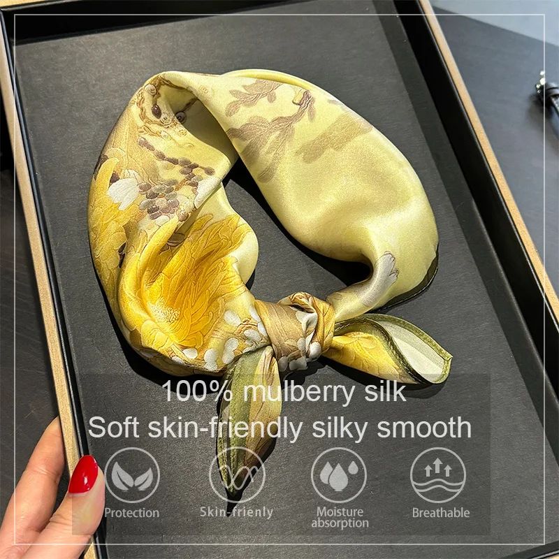 

Luxury 100% Mulberry Silk Scarf Women Gold Floral Print Bandana Shawl Lady Neckerchief Handkerchief Female Decorative Wrap 53cm