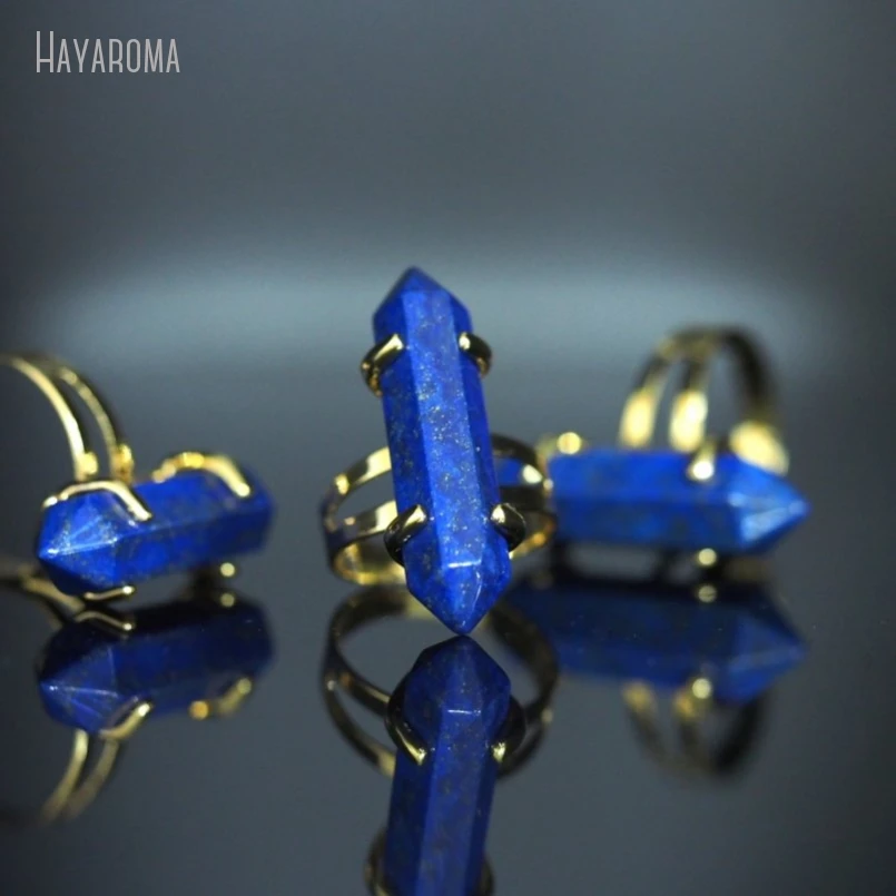 10Pcs Wholesale  Gold Color Faceted Lapis Lazuli Stone Double Terminated Point Hexagon Ring