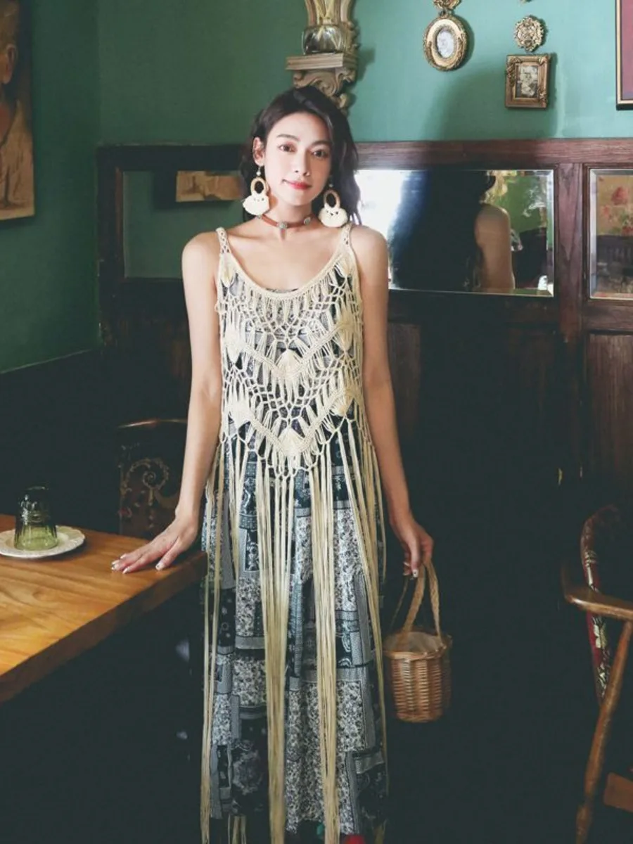 Bohemian Summer Hollow Out Long Dresses Womens Beach Wear Holiday Tassel Sleeveless Dresses 2024 Spring Summer Hippie Dress