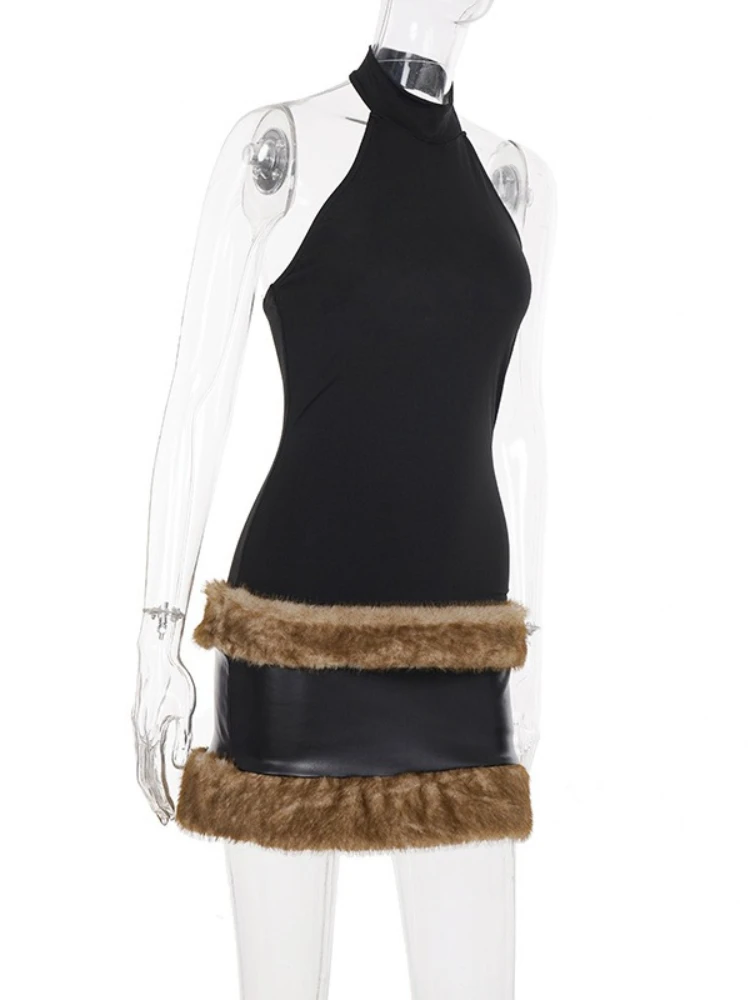 SsTss レディース ノースリーブ ミニドレス 2025 Y2K フェイクファー装飾 スリム ハイウエスト PUレザー パッチワーク ボディコン ドレス クラブ パーティー ローブ