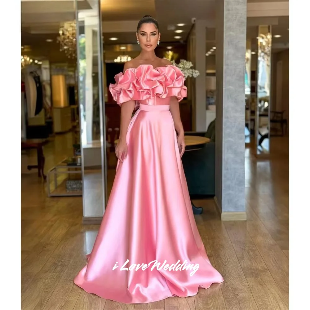 

Pink Strapless Prom Dresses 2025 Satin Off Shoulder A-Line Evening Dress Floor-Length Pleated Wedding Party Dresses Customized