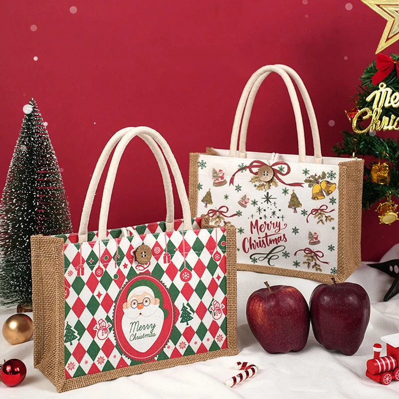 Christmas Tote Bag Santa Claus Prints Large Capacity Jute Handbag Female Eco-Friendly Shopping Christmas Gift Handbag