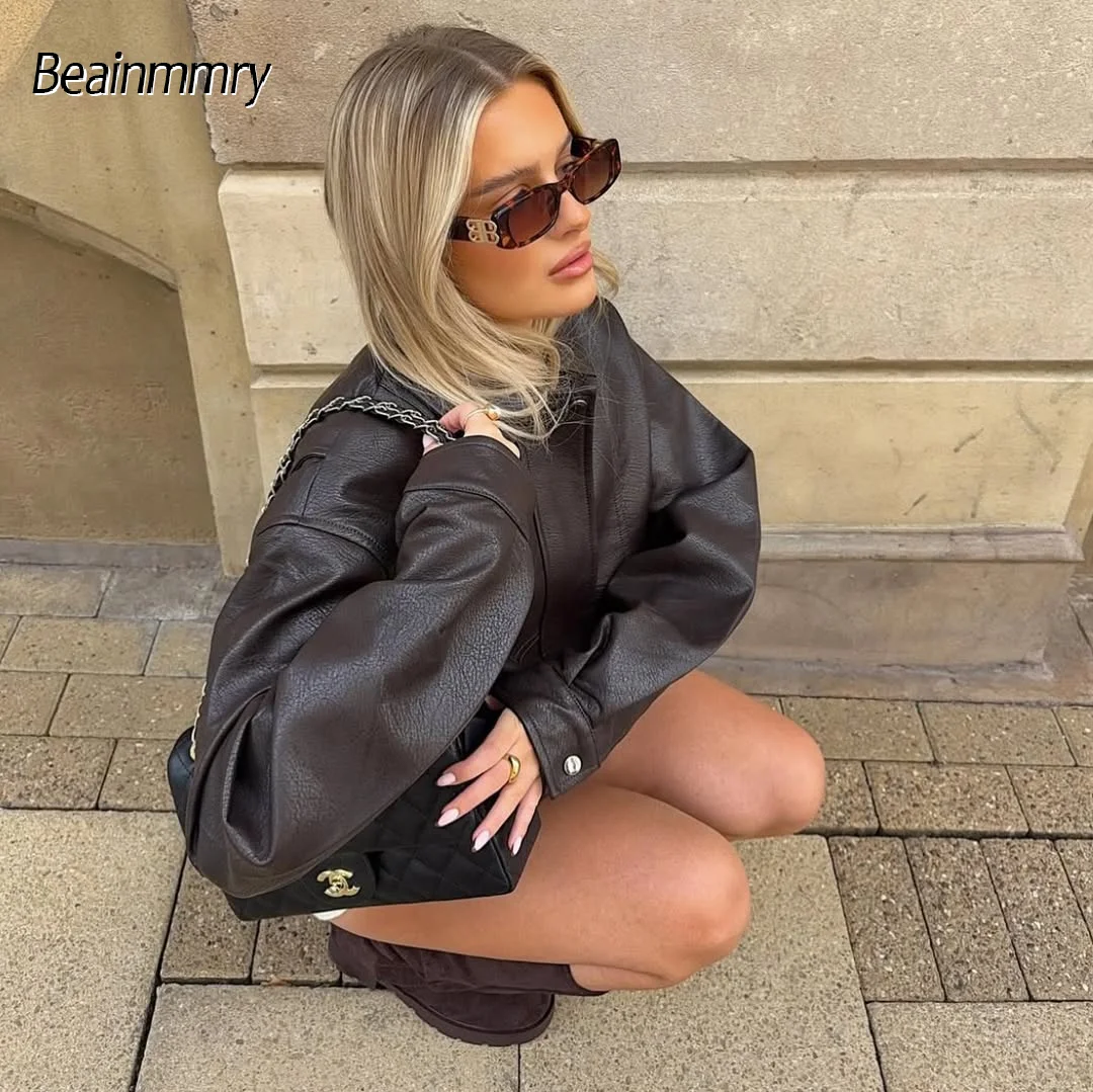 المرأة الصلبة الأسود بسيط التلبيب سترة جلدية موضة سحاب أكمام طويلة زر معطف 2025 الخريف سيدة شارع العليا فضفاض أبلى #6