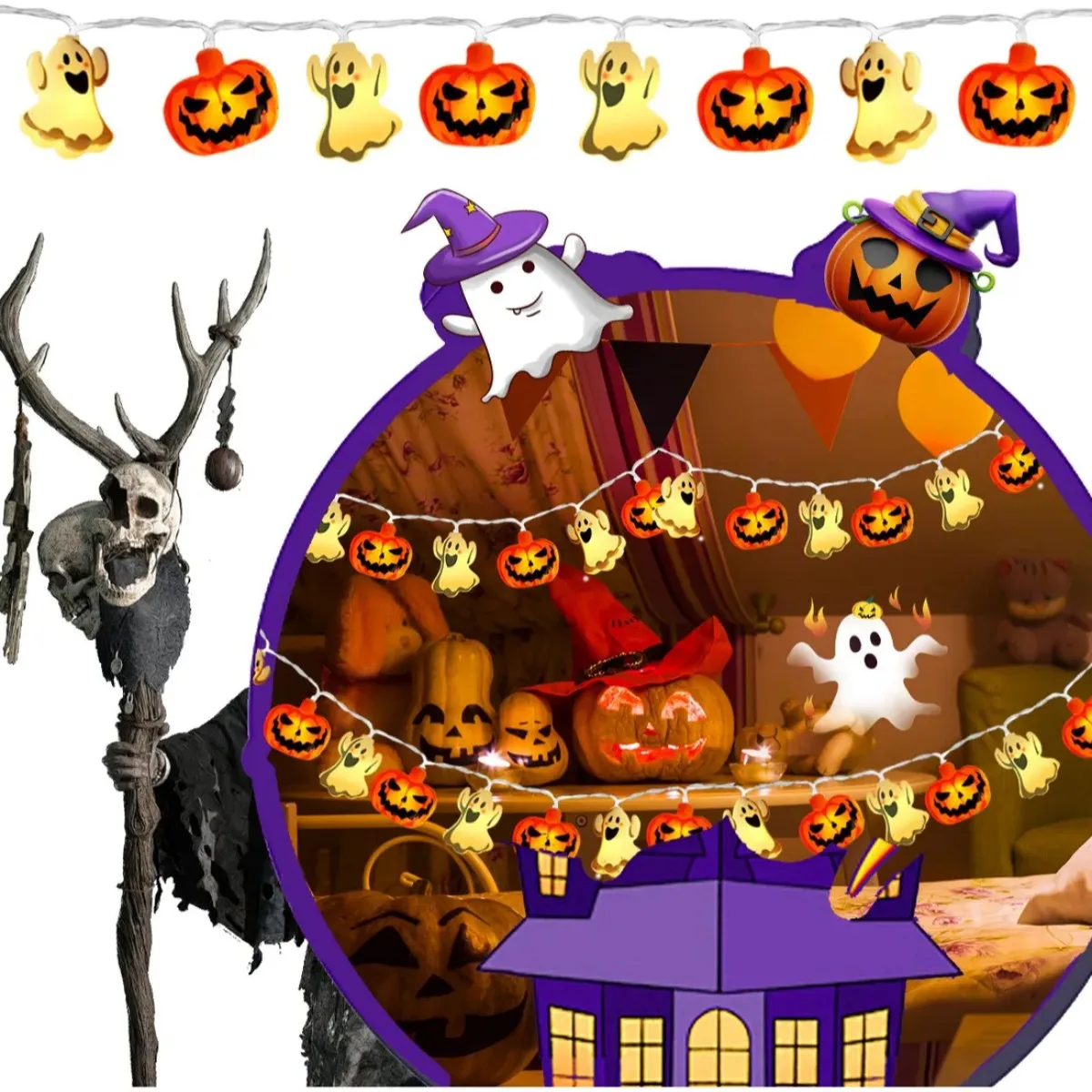 1pc 10/20 LED Halloween Einzigen Schicht Kürbis & Geist String Licht Batterie Betrieben Für Home Garten Urlaub Halloween party Decor – Detail 6