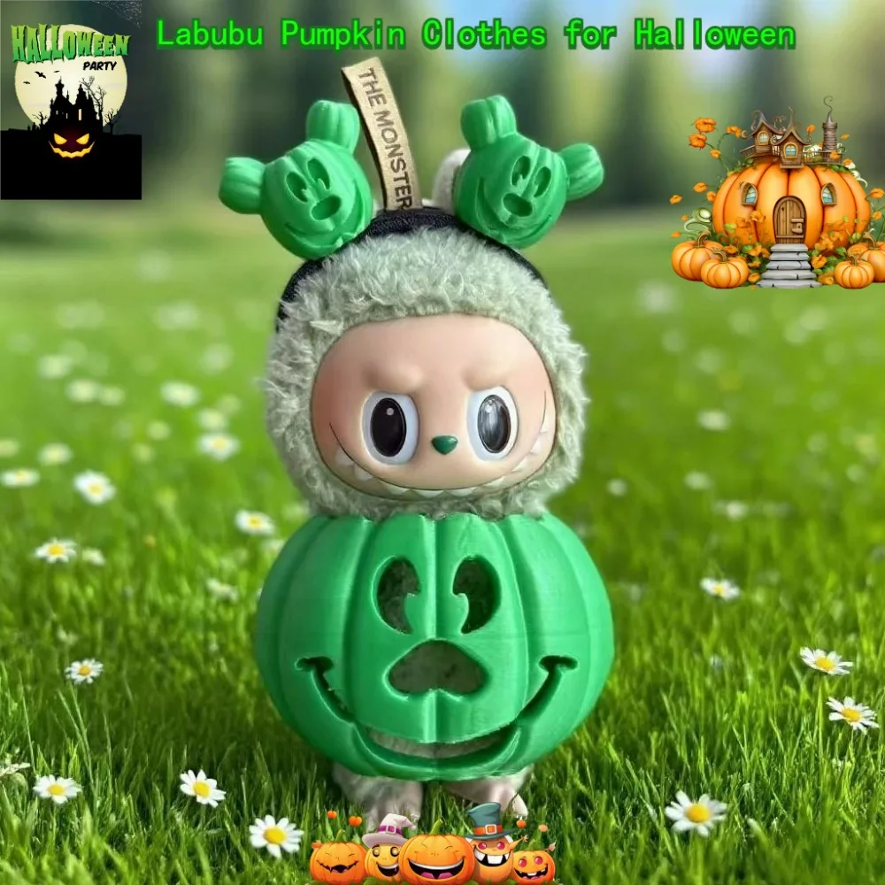 17cm Doll 3d Clothes Labubu Halloween Gradient Colorful Pumpkin Clothes & Cute Hand Carved Headband Cosplay Outfit Accessories
