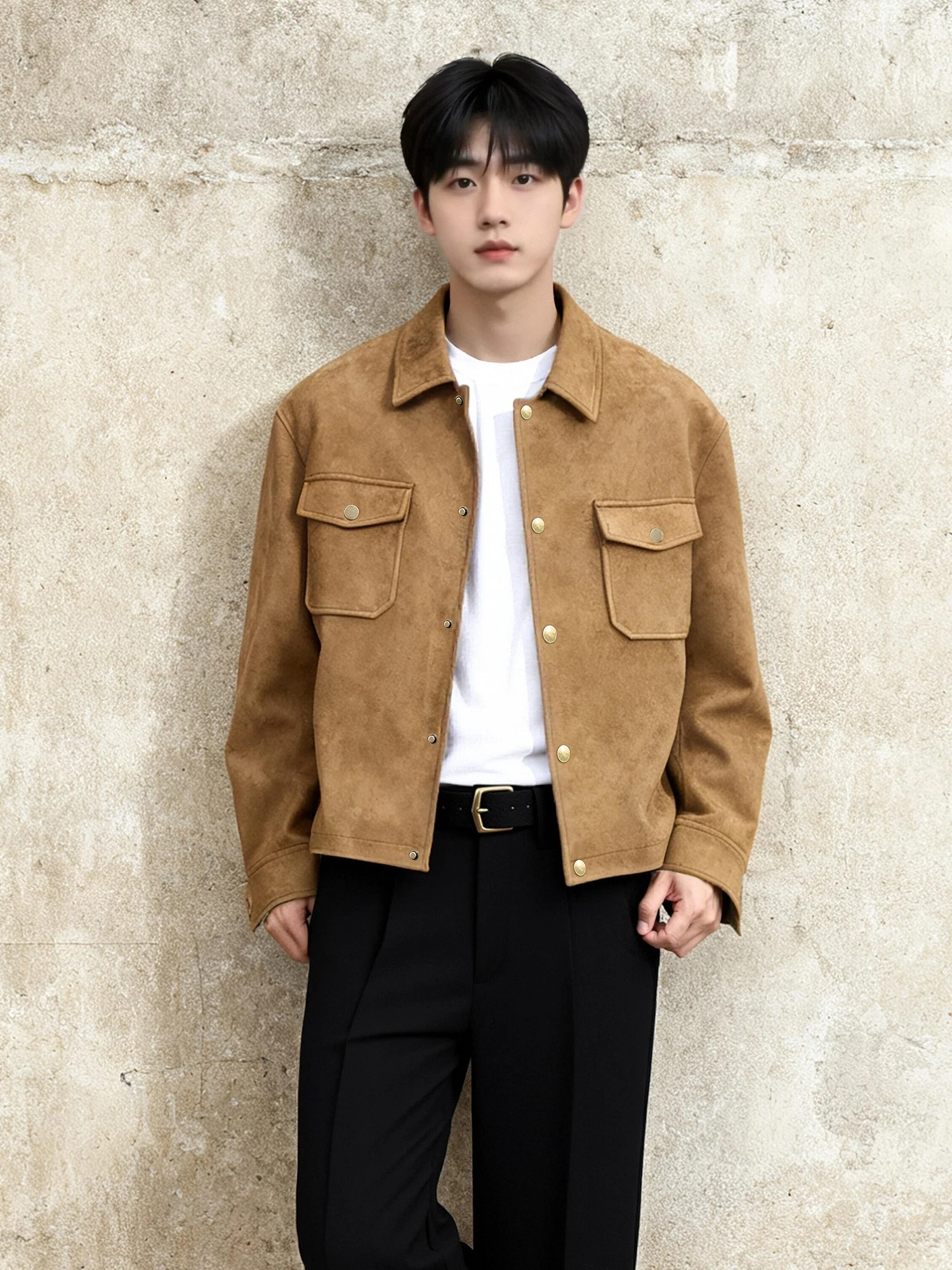 

TUCANO Woodpeer Vintage Sle Suede Jaet Casual Lapel Commute Slim Fit Workwear ort Coat Polyester Fiber Straight Hem