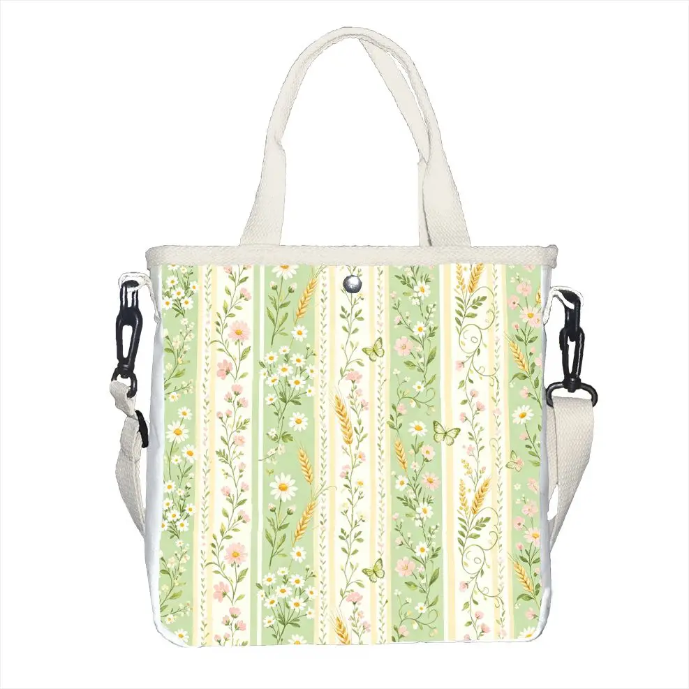 Pastel Green Daisy & Wheat Stripe Tote Bag, Adjustable Strap Cottagecore Shoulder Bag