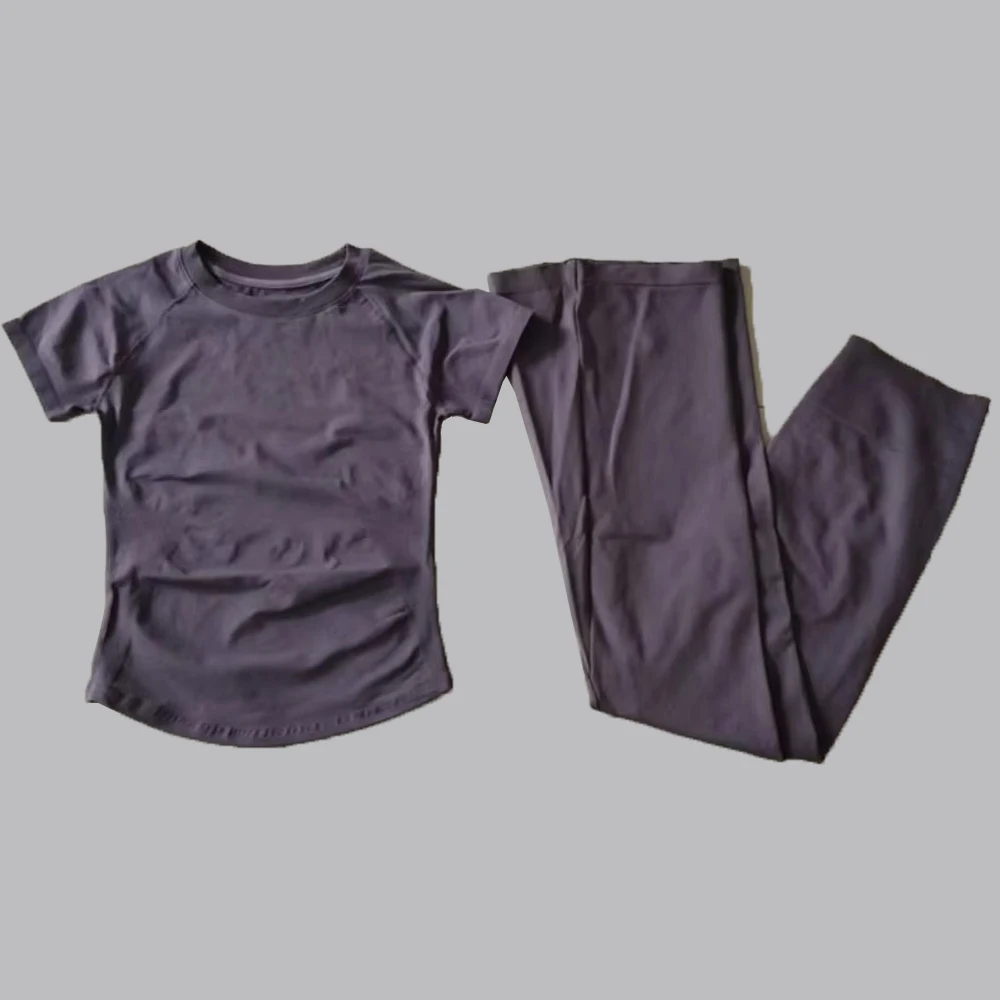2-teiliger Sportanzug, kurzärmeliges, nahtloses Yoga-Oberteil, Damen-Fitness-Trainingshose mit Schlaghose, Gym-Set, Sporthose – Detail 4