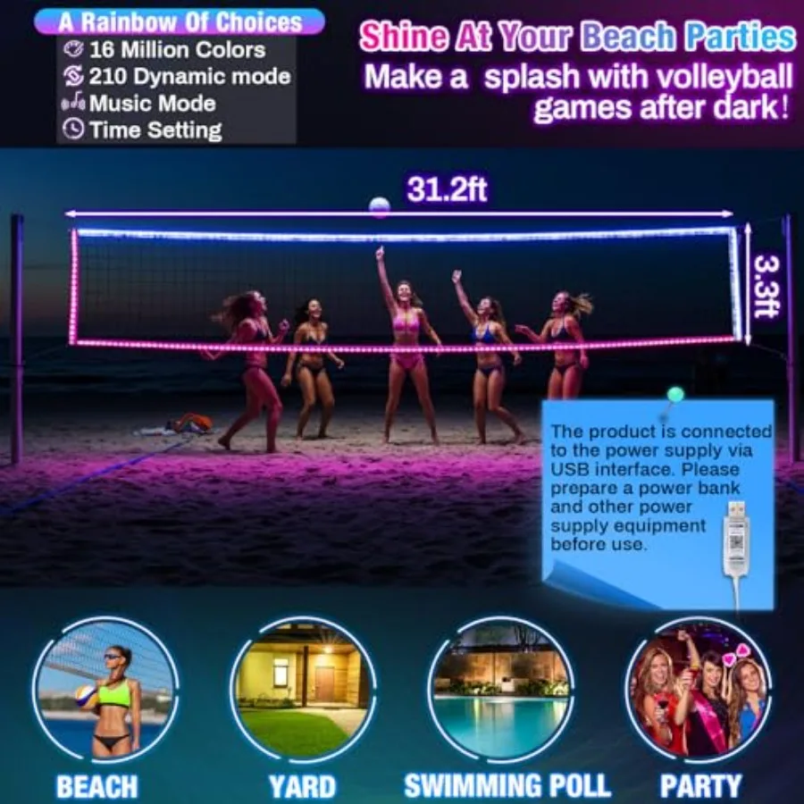 LED Professional Volleyball Net with Steel Cable 31.2x3.3ft Portable Light up Volleyball Net Outdoor with Remote Control Glow i