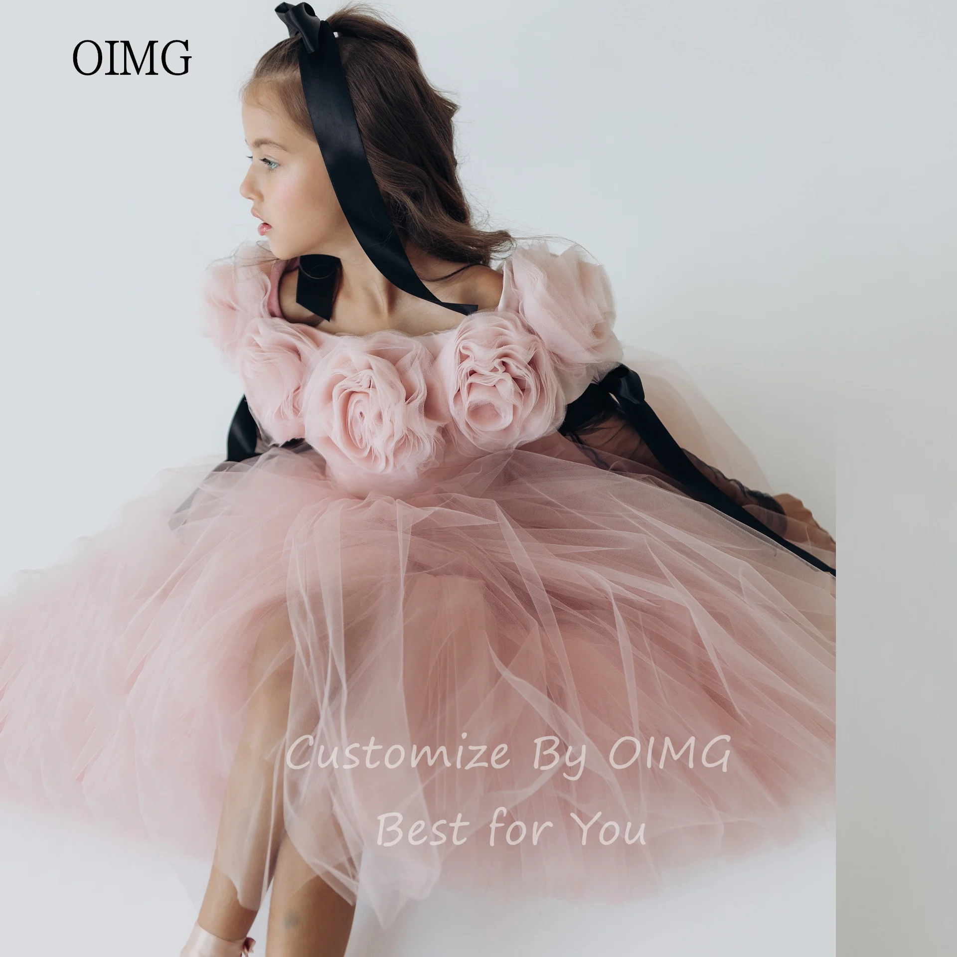 OIMG Ballet Pink A-line Flower Girl Dresses Flowers Neck Mesh Wedding Party Gown Knee Length Birthday Dress niñas Customized
