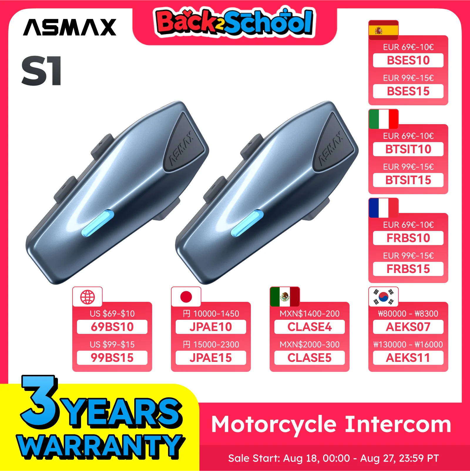 

ASMAX S1 Helmet Intercom Global Version Motorcycle Mesh Group Intercom Voice Control Multi-audio Bluetooth Headset APP/IPX7/ENC