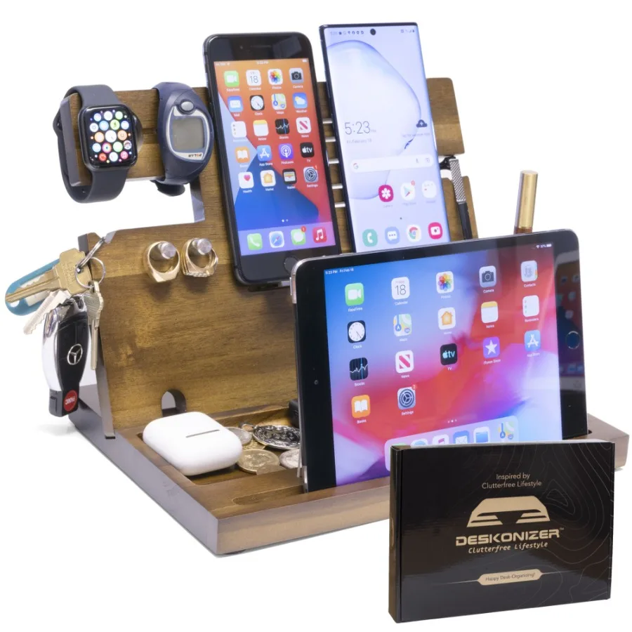 

Wooden Phone Docking Station Key Holder Wallet Stand Watch Organizer Men Husband Wife Anniversary Dad Birthday Nightstand Purse