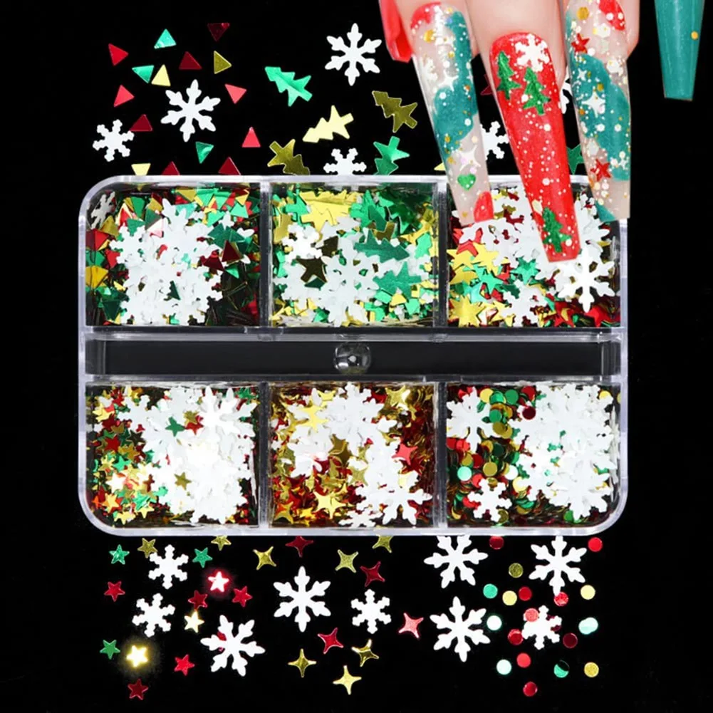 AS63-Snowflake Nail Glitter Sequins 6 Grids 3D Holographic Shiny Snowflake Winter Christmas Nail Decoration Supplies