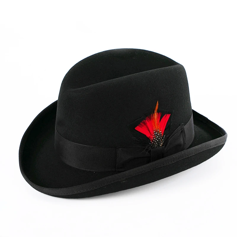 Kapelusz Homburg ze 100% wełny, solidny filcowy melonik, męski fedora, duży rozmiar, satynowa podszewka, pakowany w pudełku.