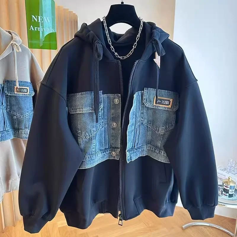 

Большая толстовка на молнии из денима с пэчворком, 300 Pou, осенне-зимняя, в американском ретро-стиле, крутая куртка, молодежная, свободного кроя, устойчивая к сминанию