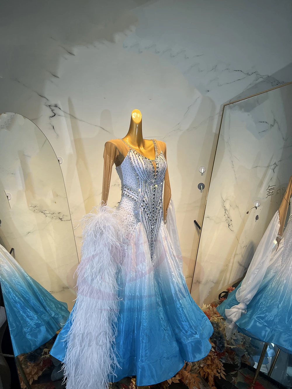 

Latin Dance Costume AB Stone Female Adult Children High-End Custom Gradient Blue Modern Skirt Samba Performance Dress