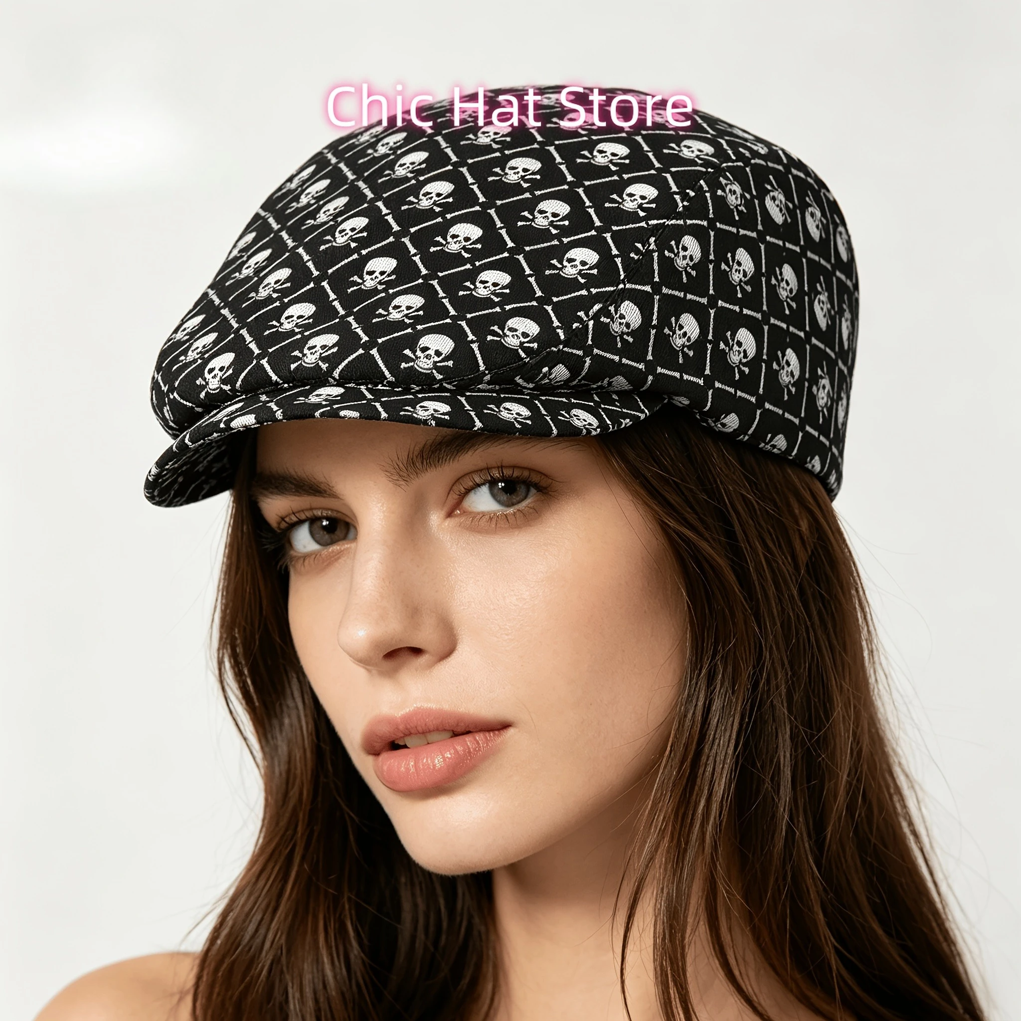 1pc Crossed Skeleton Pattern All-Over Print Flat-Top Hat for Men And Women, Newsboy Caps, Berets, Irish Hats, Driver Caps, Retro