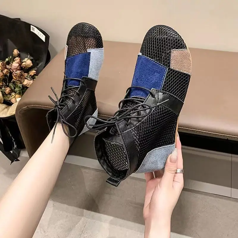 New Summer Women's Mesh Hollow High Top Flat sole Boots Soft Sole Non Slip Breathable Lace Up Mixed Colors Sandals image 5