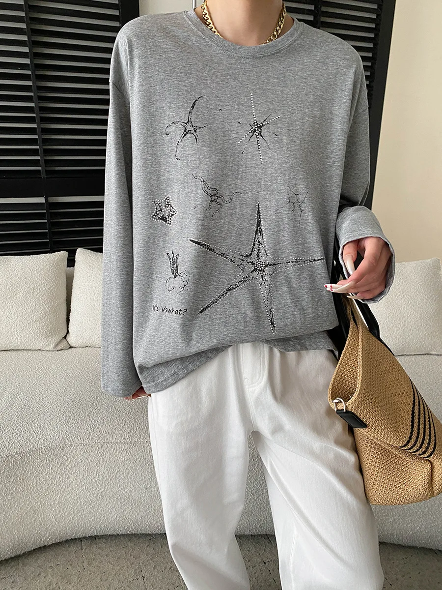 

Весенне-летняя женская свободная повседневная футболка с круглым вырезом и длинными рукавами с принтом морских звезд