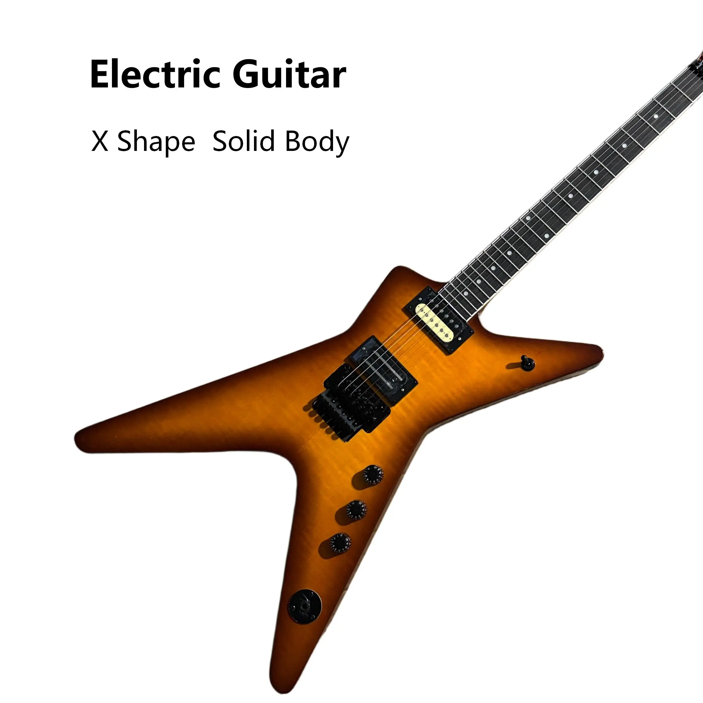 X Shape Electric Guitar, Tiger Flame Maple Top, Sunset Burst, HH High-Output Pickups, Double Locking Tremolo