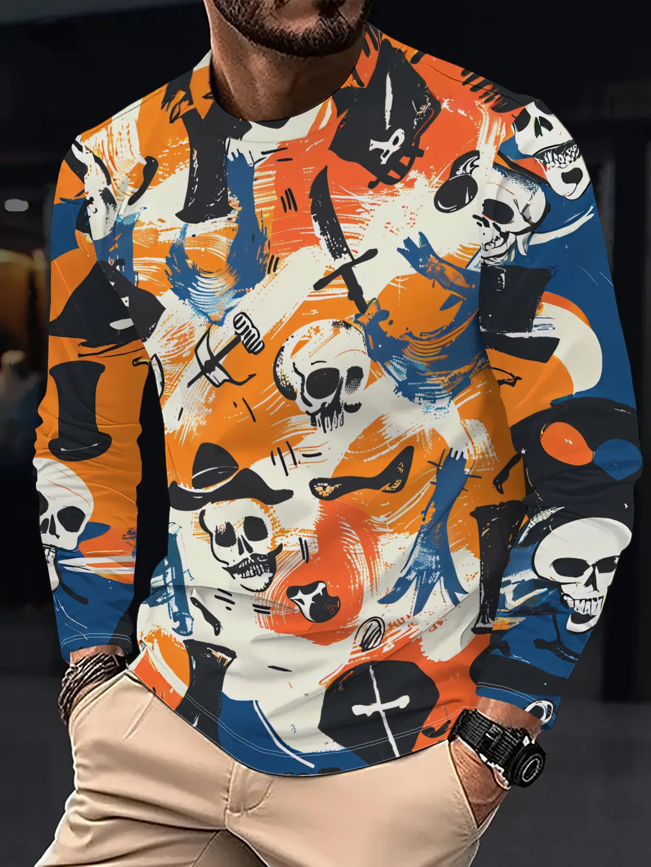Men Long Sleeve T‑Shirt Graffiti Pirate Skull Hat Sword 3D Print Halloween Vintage Street Casual Top