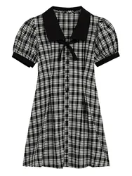 French Elegance Checkerboard Plaid Frocks Thin Turn Down Collar Bow A-Line Office Lady Summer Casual Clothing Streetwear 2023