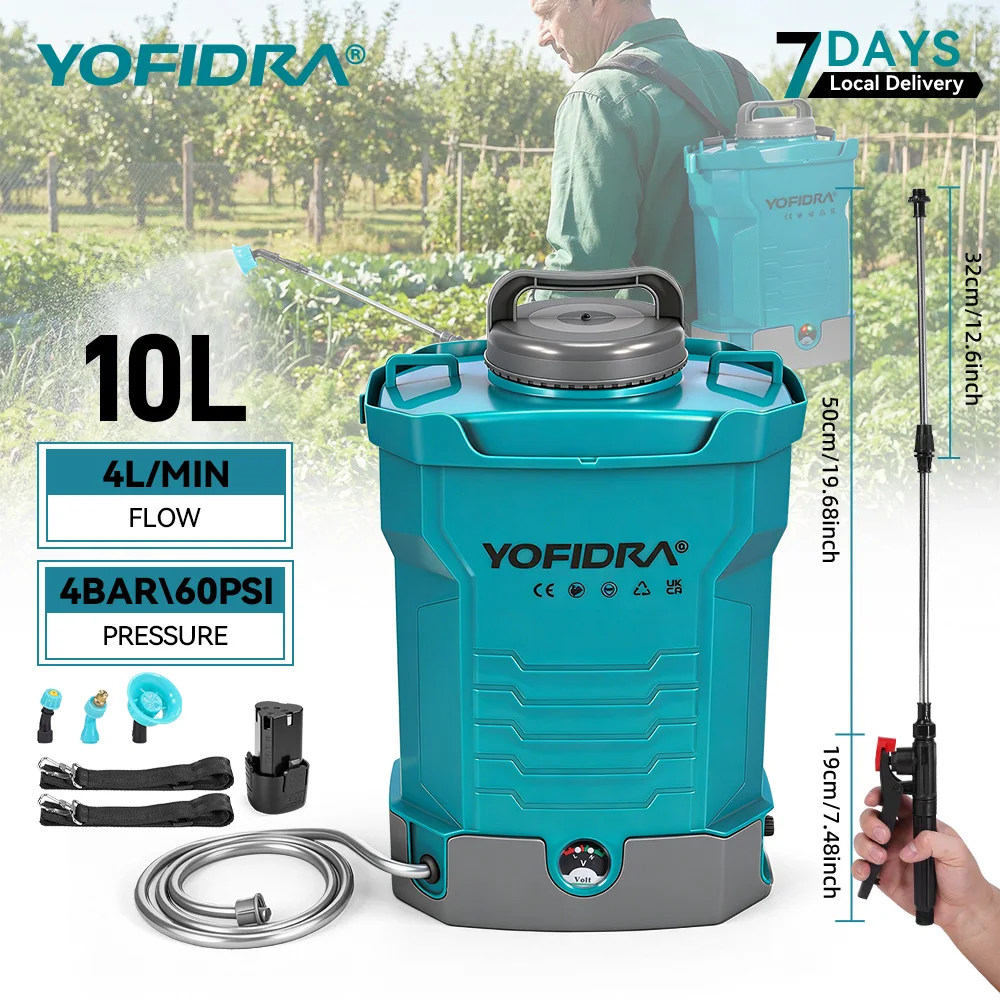 YOFIDRA Spruzzatore Elettrico a Zaino 10L 4L/MIN 60PSI per Giardinaggio, Irrigazione, Diserbo e Annaffiatura