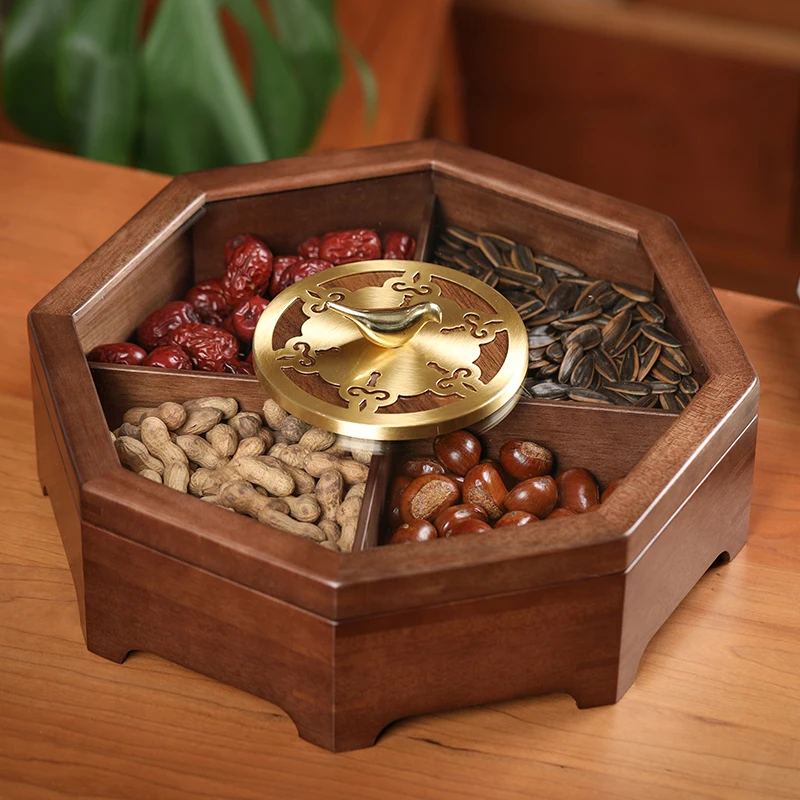 Grid storage box Brass solidwood material high-grade dried fruit plate Sealed household coffee table with lid Melon seeds Snacks