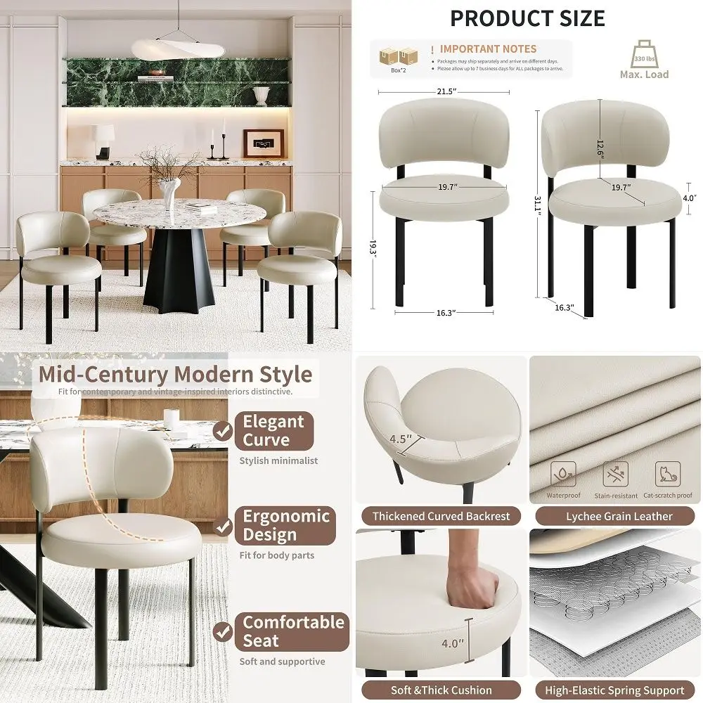 

Century Modern Dining Chairs Set of 4, Upholstered Kitchen Chairs with Curved Backrest Leather Dining Room Chairs with Metal Le