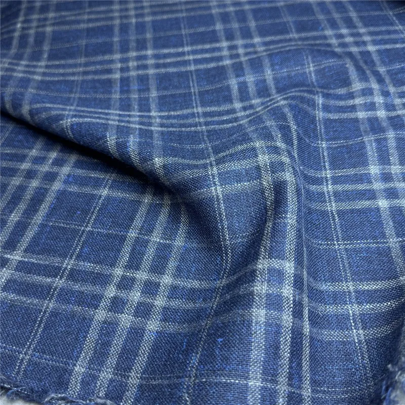 Blue Plaid Check Worsted Wool Linen Fabric Soft Comfortable Breathable Dress Tablecloth Handmade Sewing DIY Material Wholesale