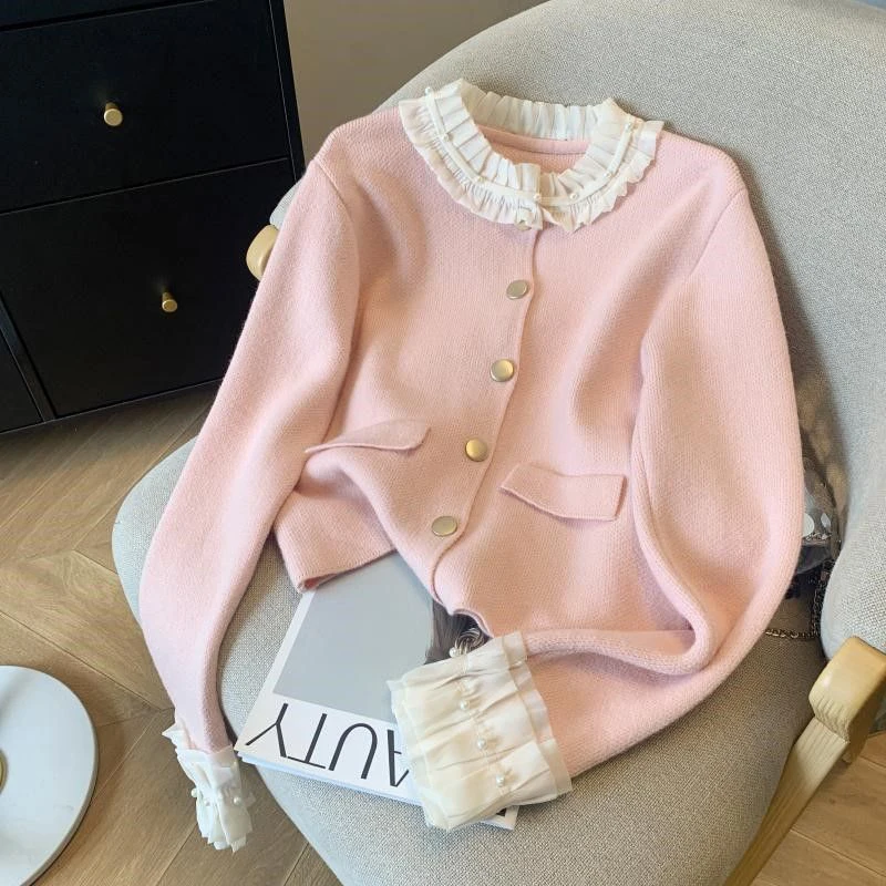 MEXZT Vintage White Knitted Cardigan Women Pink Lace Patchwork Sweater Outerwears Korean Long Sleeve Knitwear Winter Red Jumpers