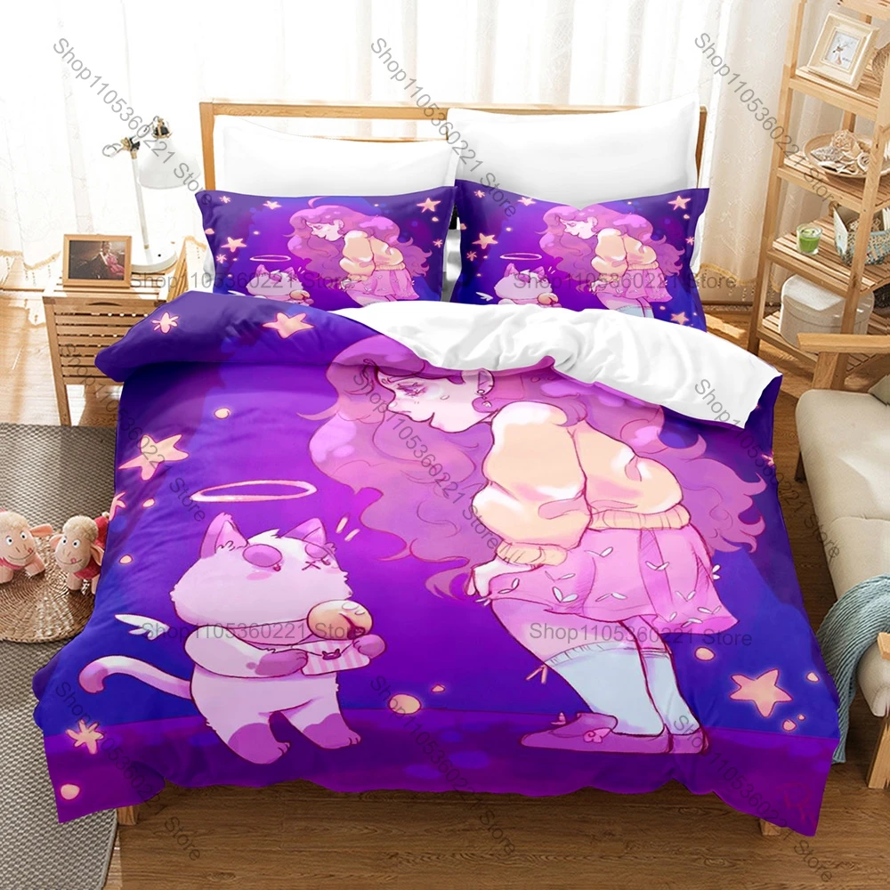 Whimsical Cartoon Bee And Puppycat Character Print Duvet Cover + 2 Pillowcases Soft Microfiber Kawaii Room Bedding